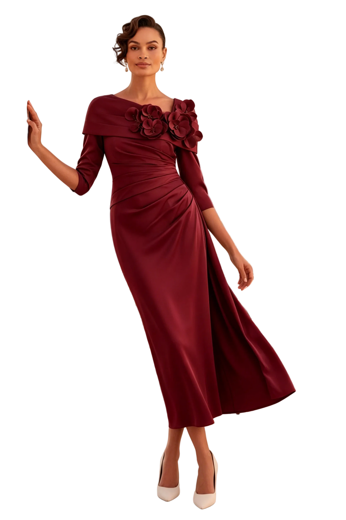 Midi-Kleid mit U-Boot-Ausschnitt, 3/4-Ärmeln und 3D-Blumen