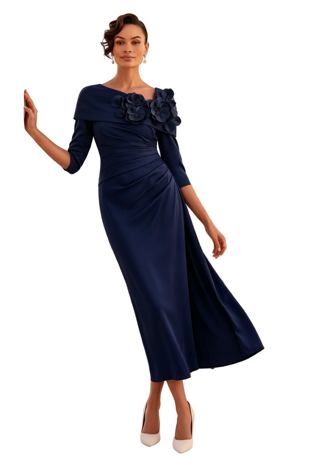 Midi-Kleid mit U-Boot-Ausschnitt, 3/4-Ärmeln und 3D-Blumen