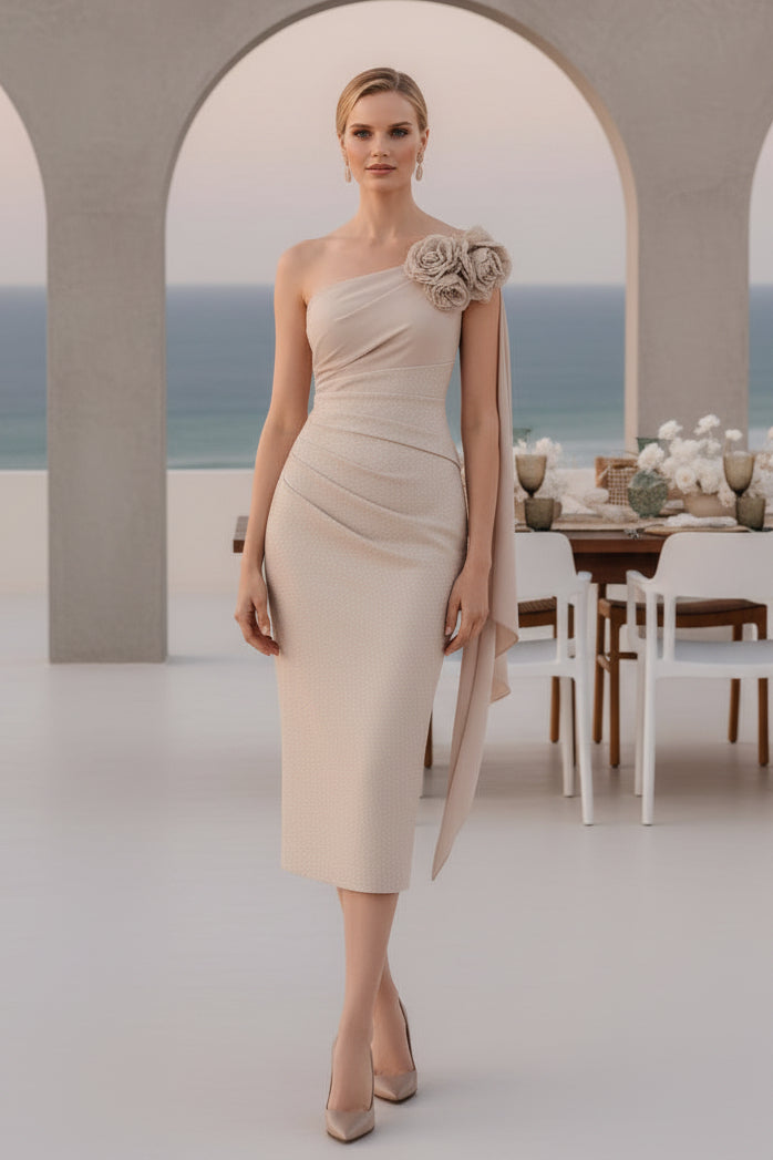 Asymmetrisches Pailletten-Midikleid mit 3D-Blumen
