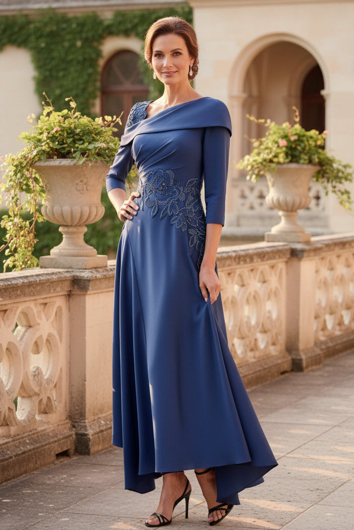 Asymmetrisches schulterfreies A-Linien-Kleid mit 3/4-Ärmeln