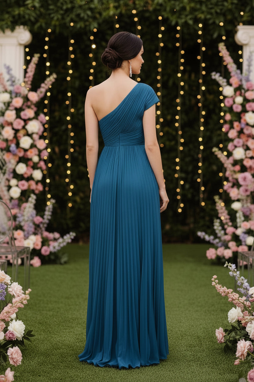 Plissiertes, asymmetrisches Midikleid mit One-Shoulder-Träger