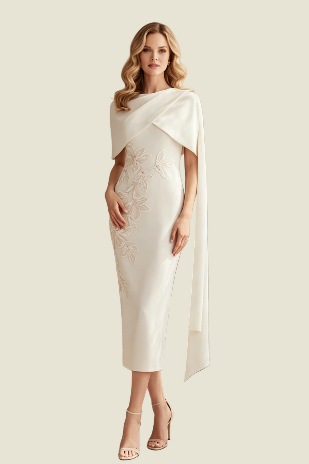 Asymmetrisches Etui-Midikleid mit Cape und Applikationen