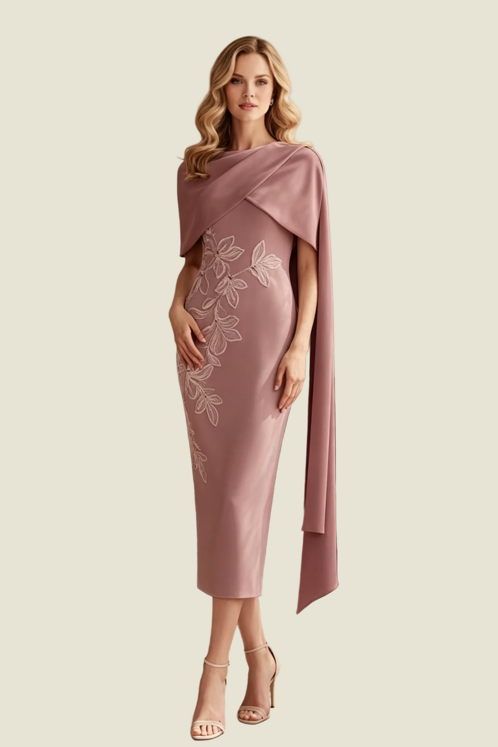 Asymmetrisches Etui-Midikleid mit Cape und Applikationen