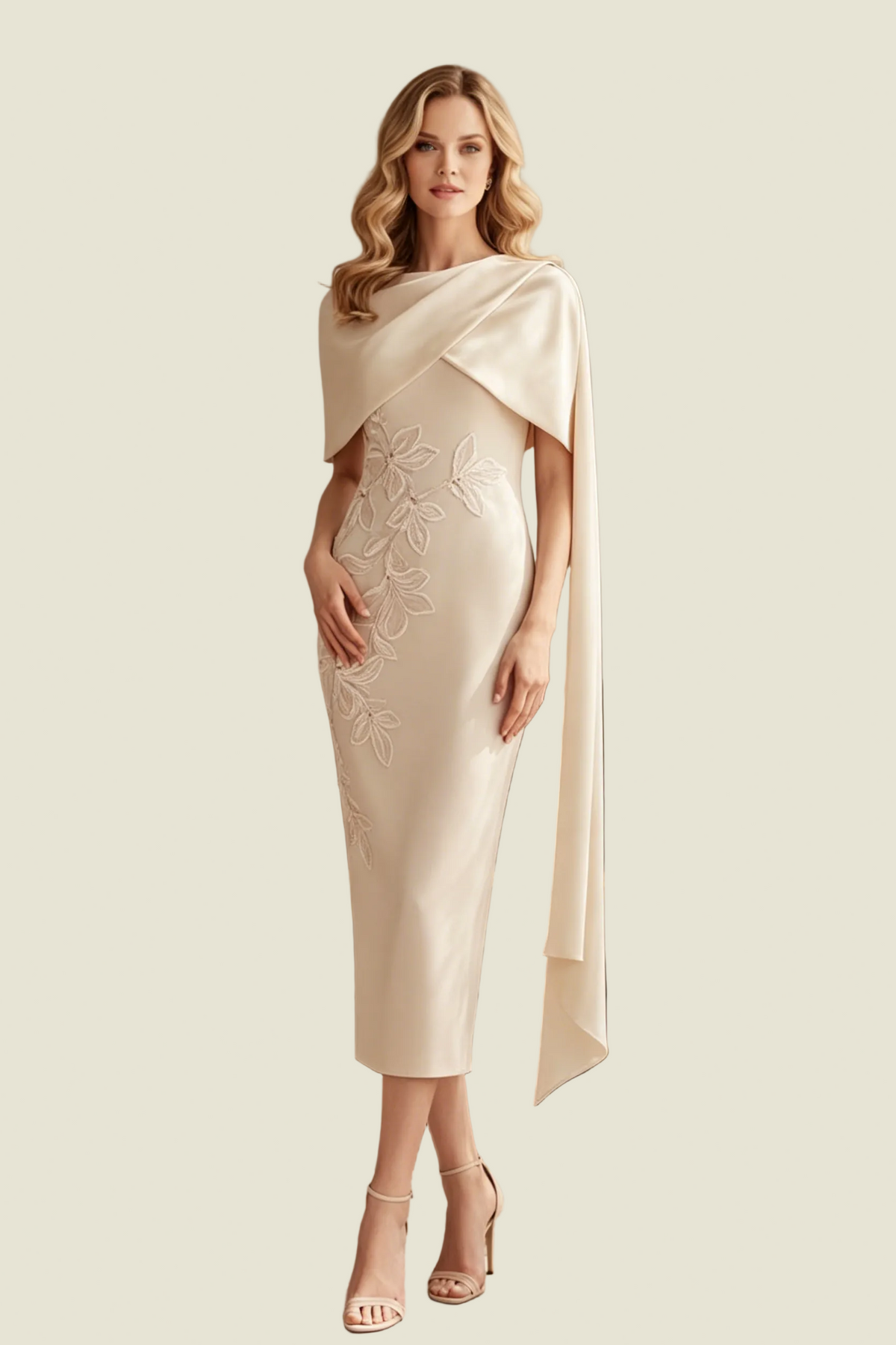 Asymmetrisches Etui-Midikleid mit Cape und Applikationen