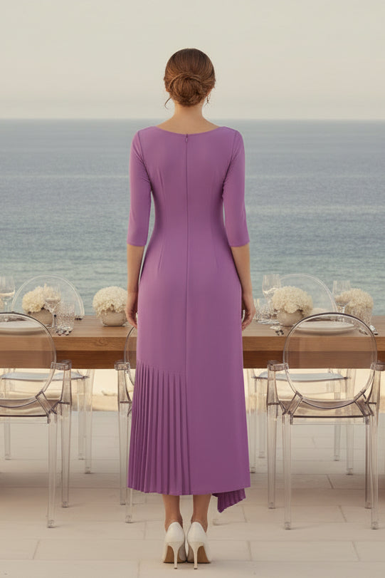Midi-Kleid mit 3/4-Ärmeln, floraler 3D-Applikation und asymmetrischem Saum
