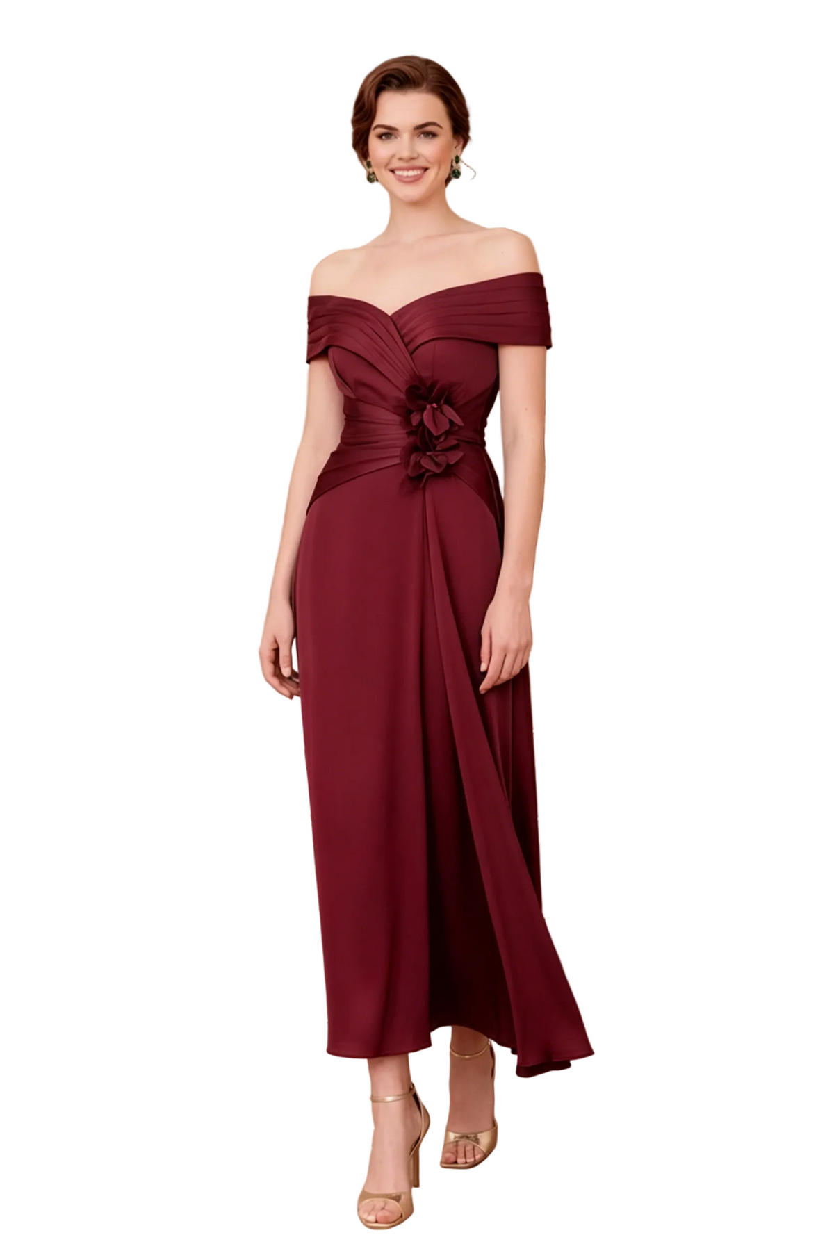 Carmen-Midi-Kleid in A-Linie mit 3D-Blumen