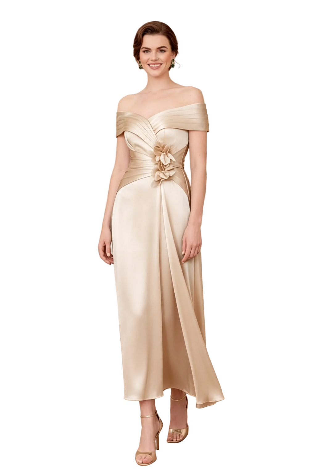 Carmen-Midi-Kleid in A-Linie mit 3D-Blumen
