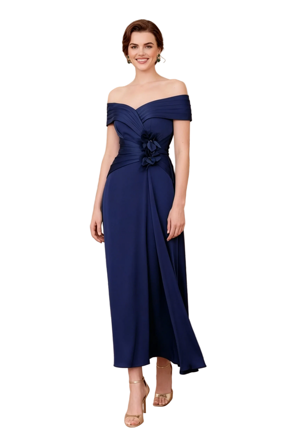 Carmen-Midi-Kleid in A-Linie mit 3D-Blumen