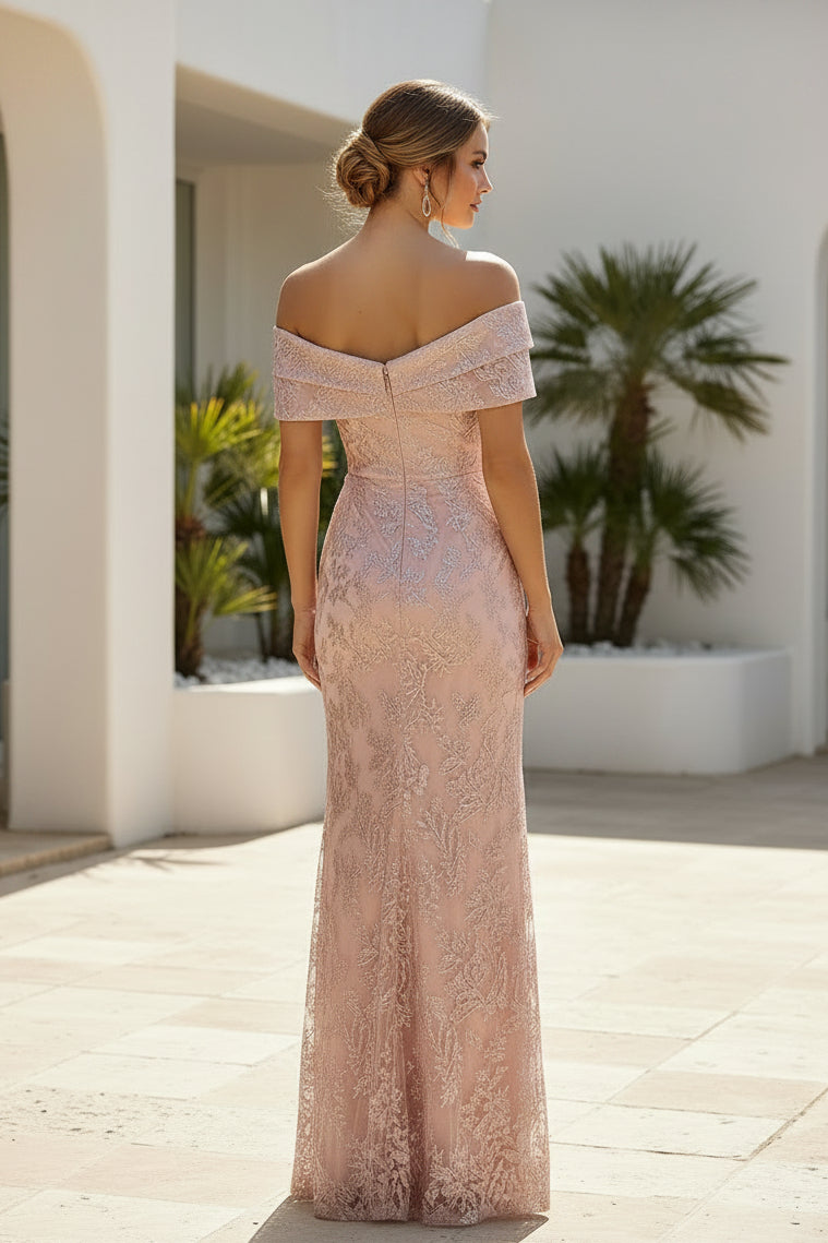 Schulterfreies, säulenförmiges Abendkleid aus Spitze