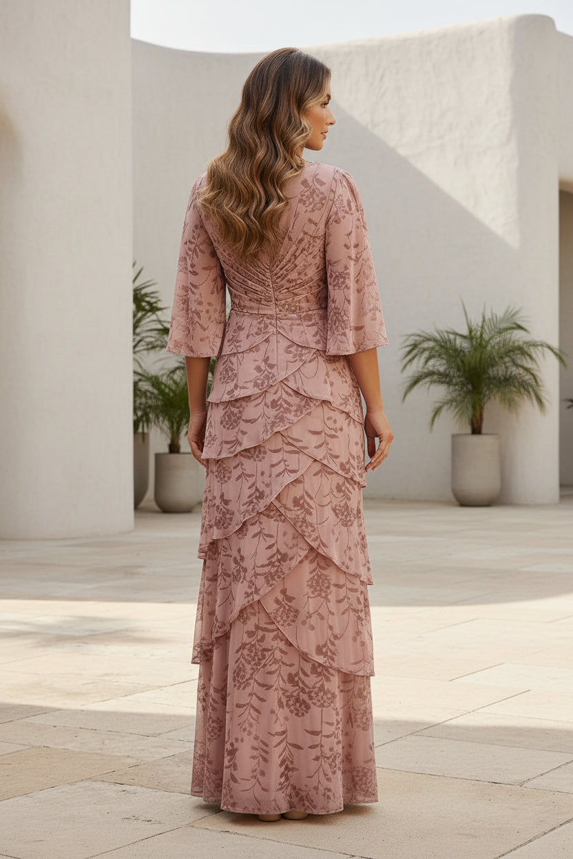 Florales gestuftes Abendkleid mit V-Ausschnitt