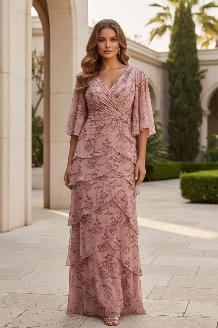 Florales gestuftes Abendkleid mit V-Ausschnitt