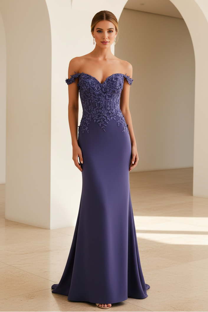 Meerjungfrauenkleid mit Carmen-Ausschnitt und 3D-Blumen