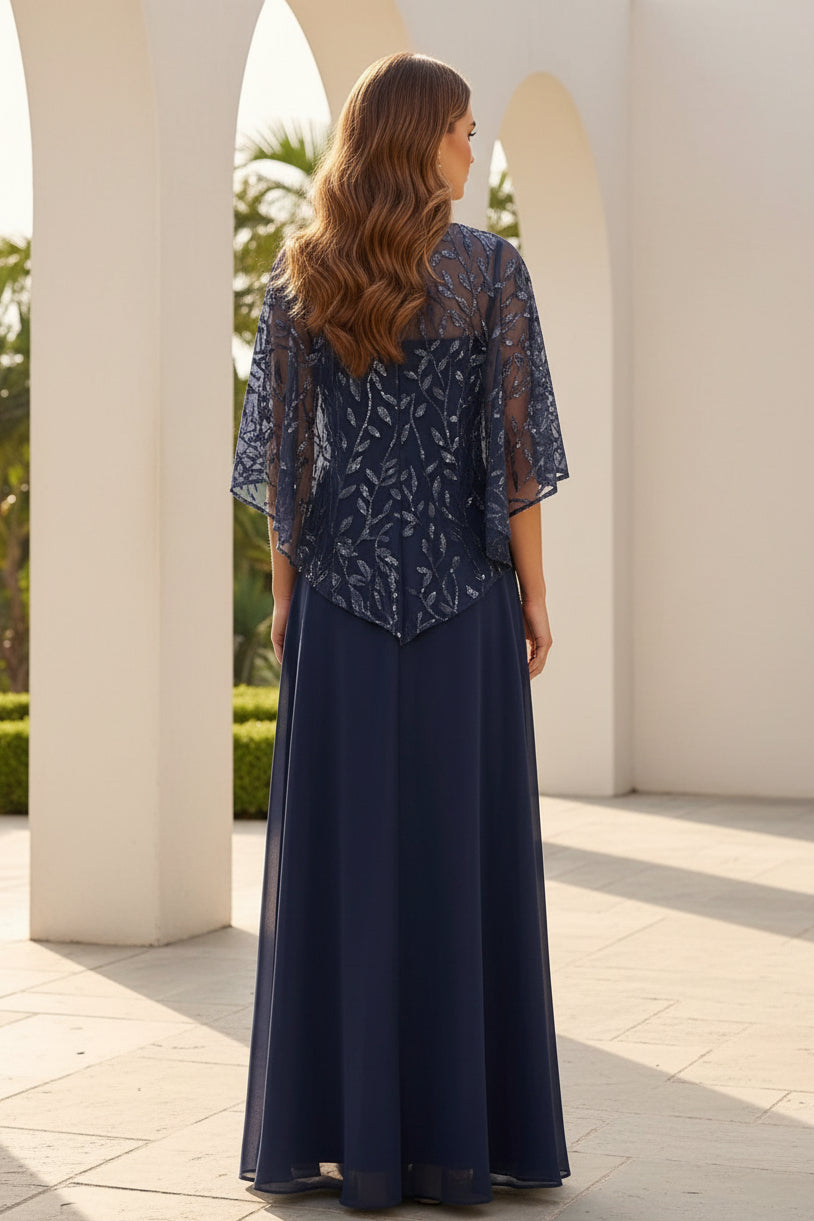 Abendkleid mit Cape-Ärmeln in A-Linie und Illusion-Ausschnitt