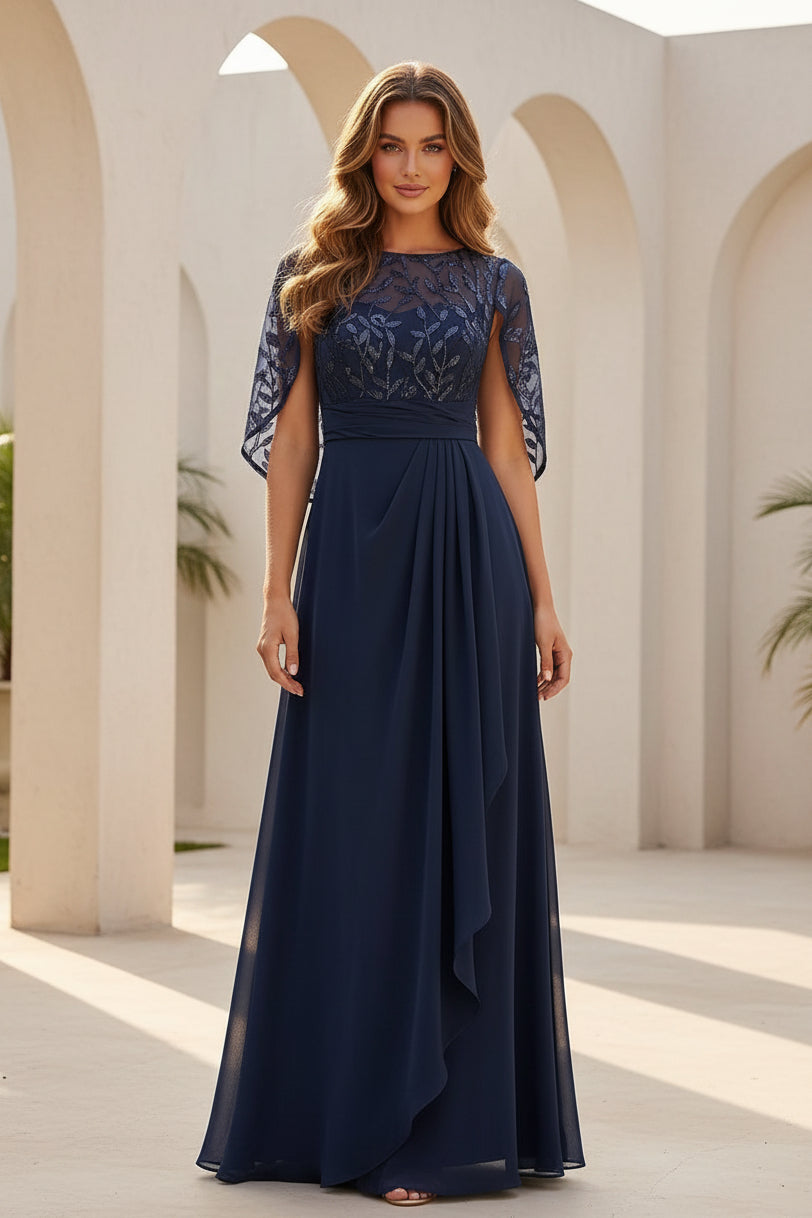 Abendkleid mit Cape-Ärmeln in A-Linie und Illusion-Ausschnitt