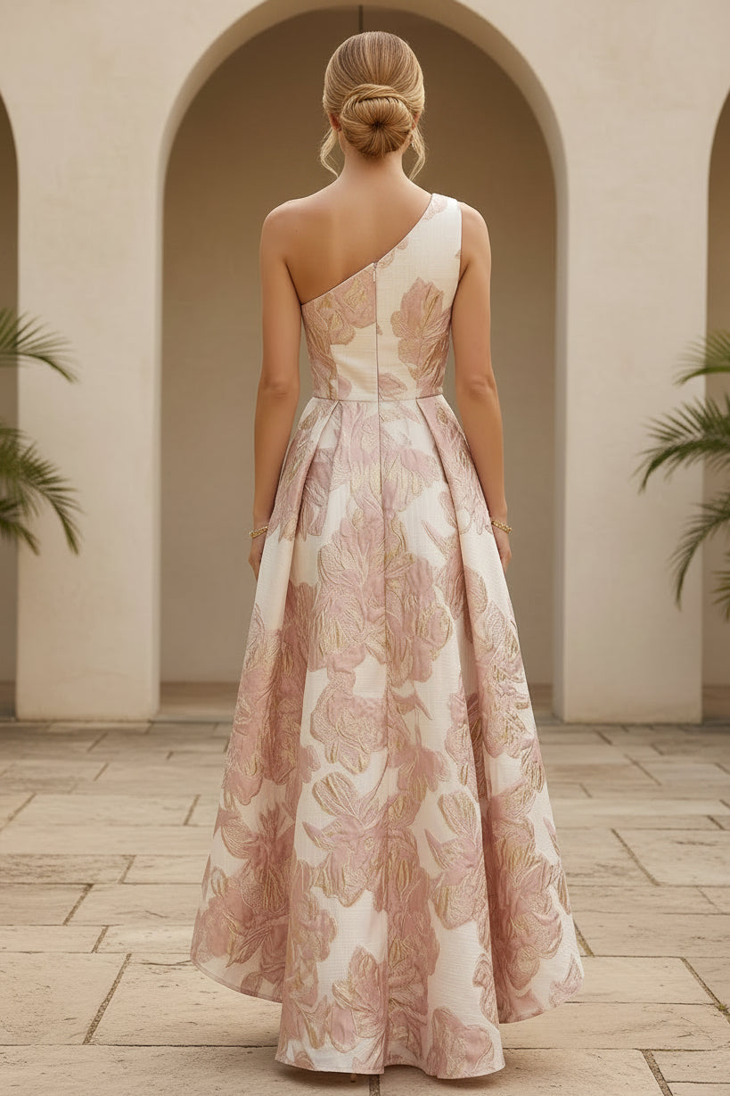 Blumiges Hi-Low-Jacquard-Kleid mit One-Shoulder-Träger
