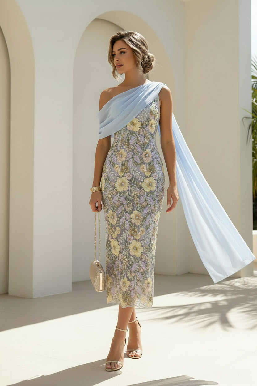 Asymmetrisches Midikleid aus floraler Spitze
