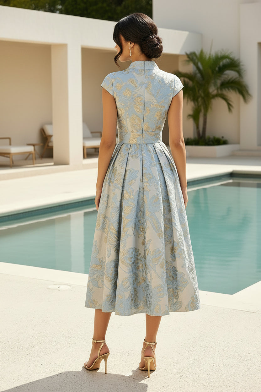Blumen-Jacquard A-Linien-Kleid in Teelänge