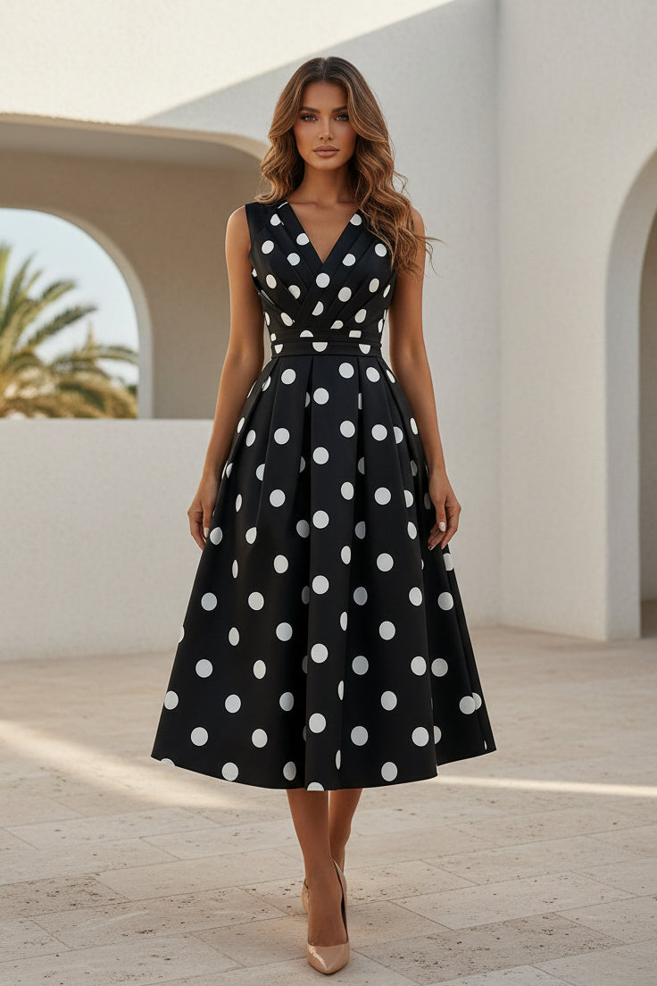 Gepunktetes V-Ausschnitt Midi-Kleid
