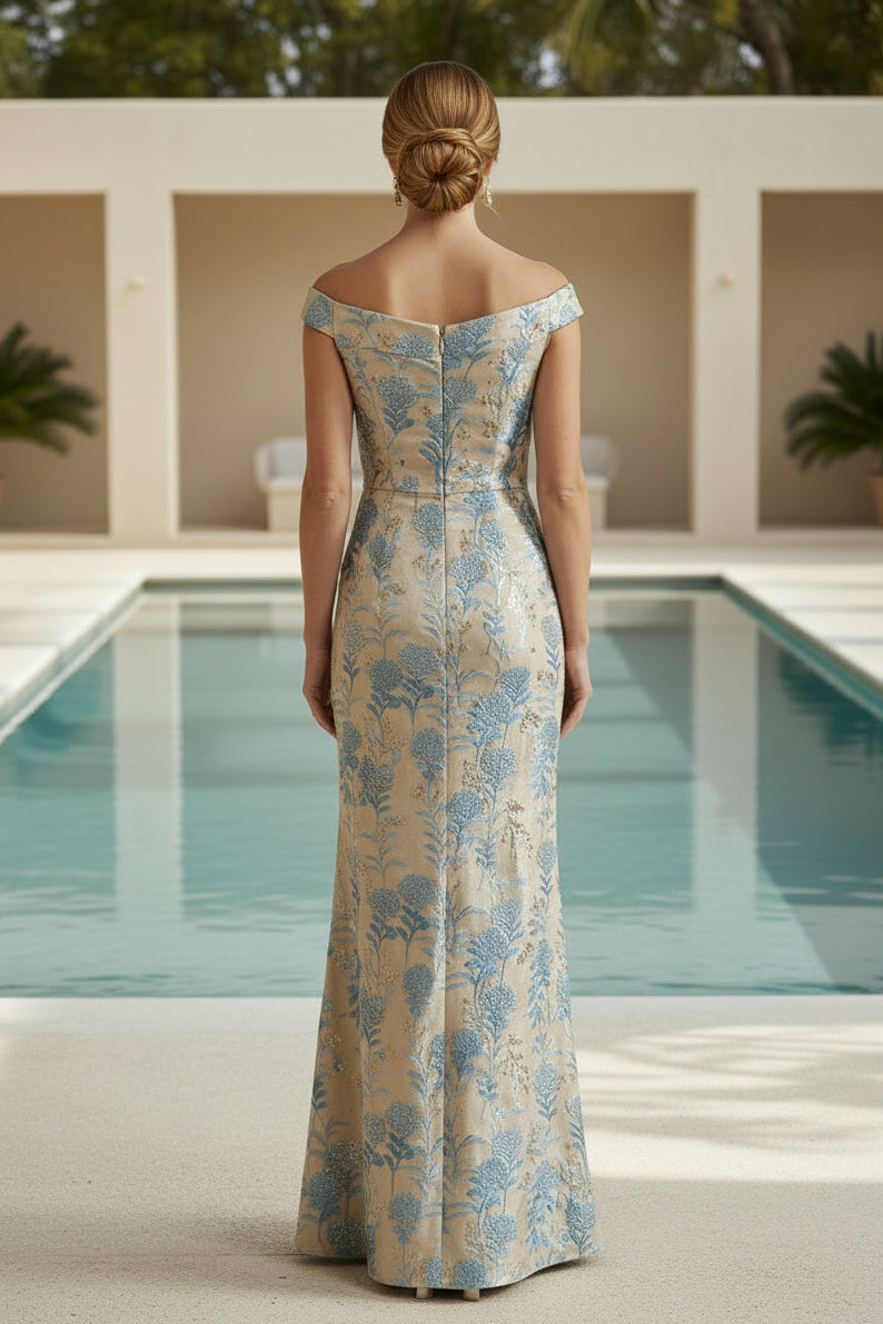Off-Shoulder Jacquard Abendkleid mit Rüschen