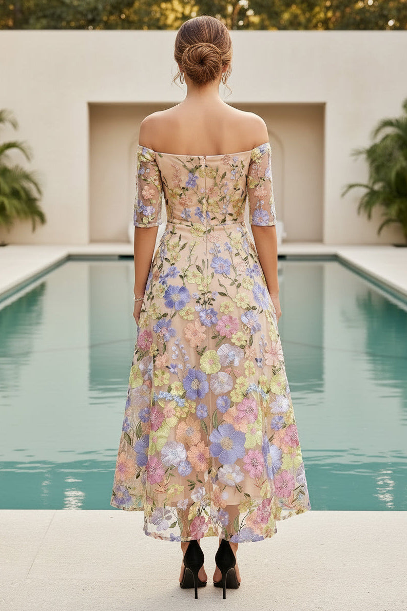 Carmen-Midikleid mit Blumenstickerei