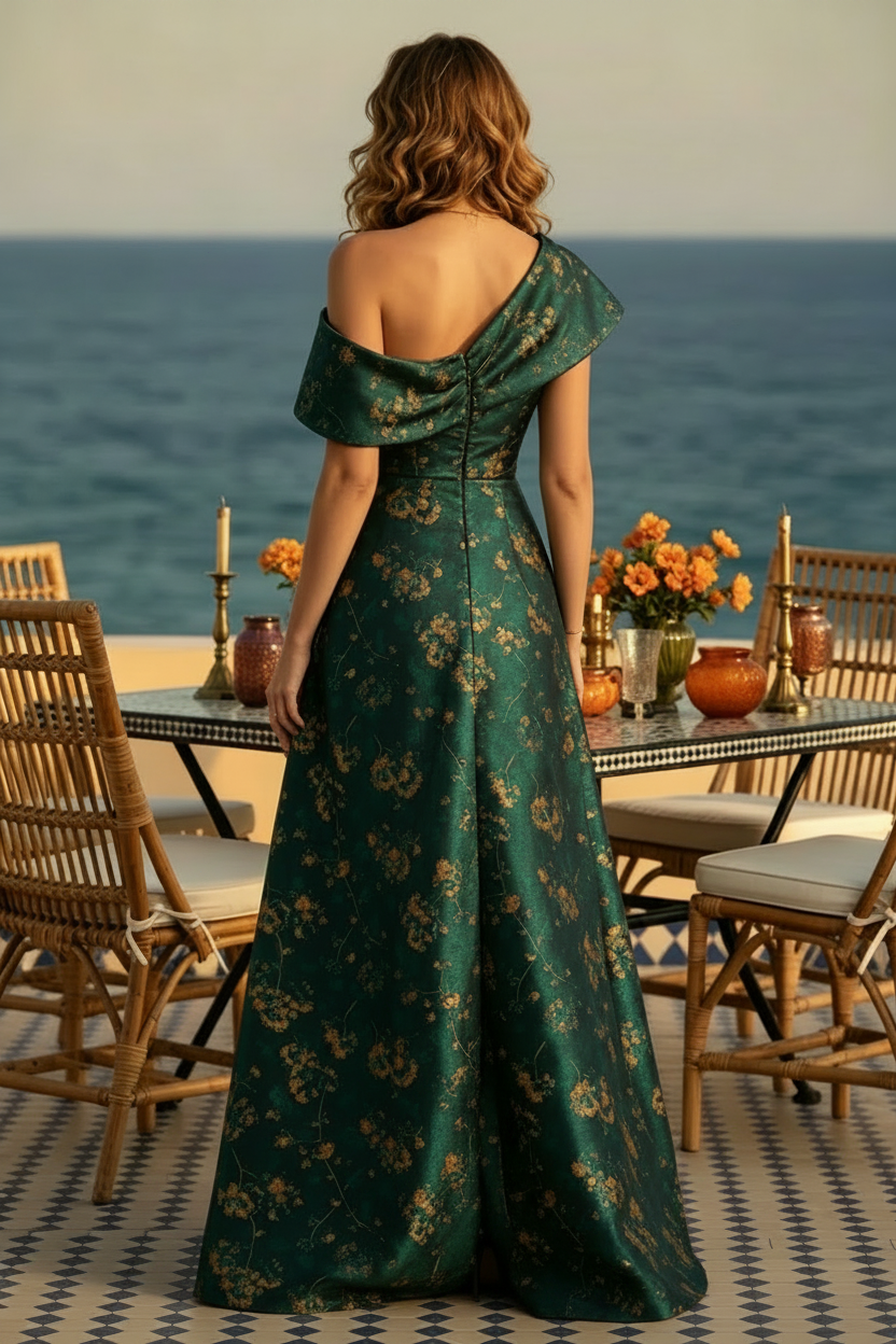 Ein-Schulter-Abendkleid aus floralem Jacquard im A-Linien-Schnitt