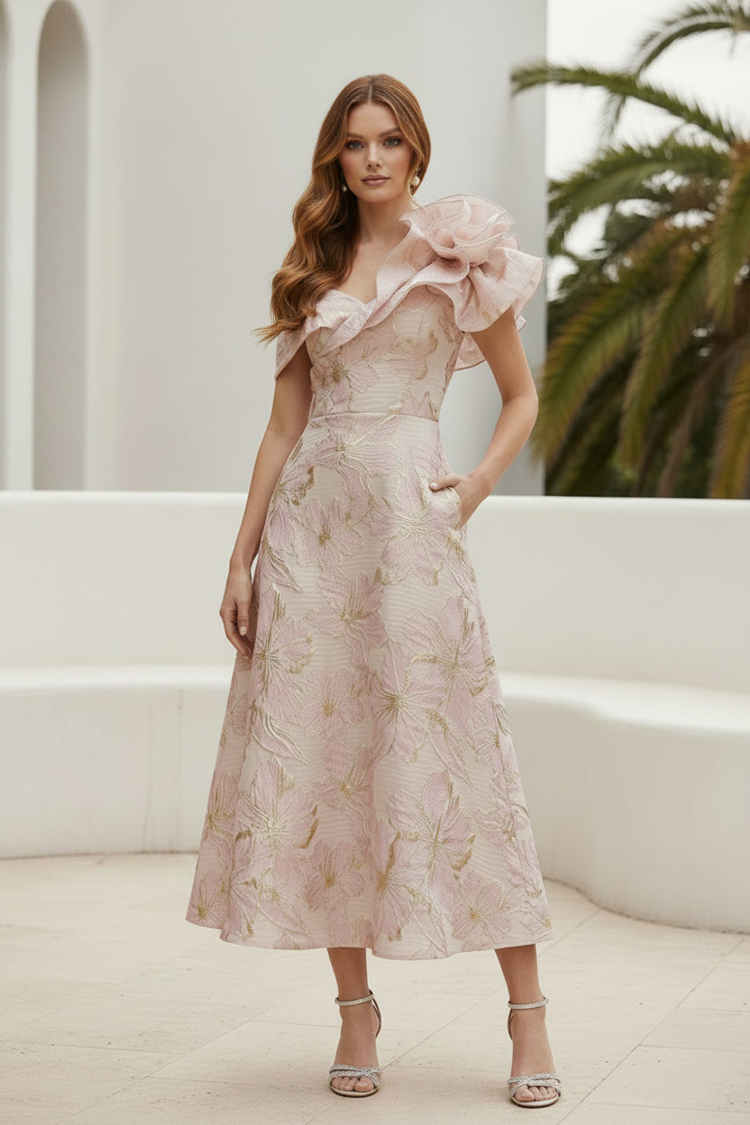 Geblümtes Jacquard Off-Shoulder Midikleid