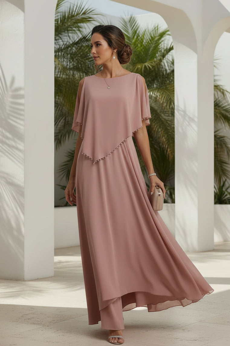Abendkleid aus Chiffon in A-Linie mit Cape-Ärmeln