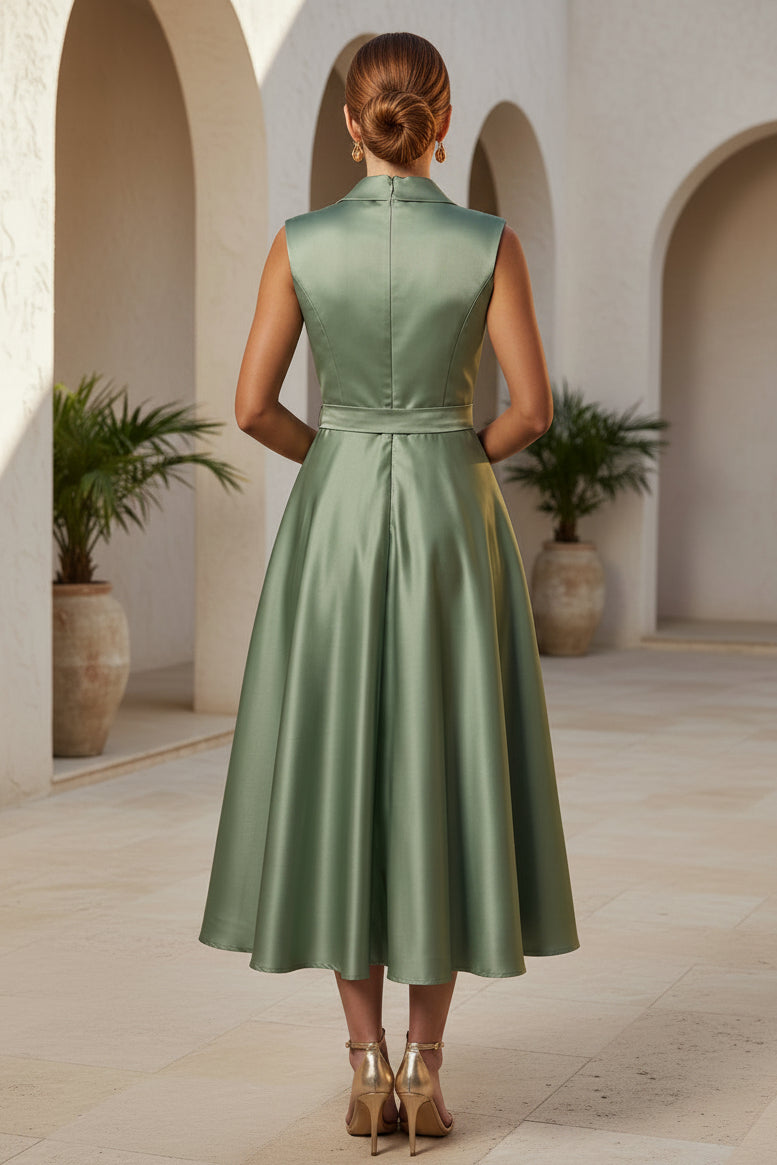 Satin-Wickelkleid Midi mit Reverskragen und Schleifengürtel
