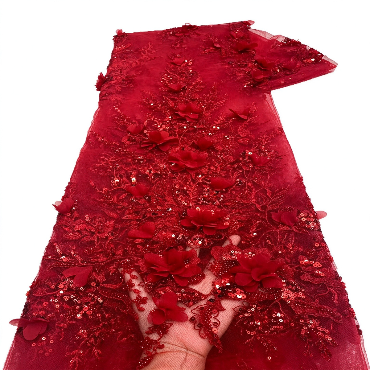 Langärmeliges A-Linien-Kleid aus Spitze mit floralen 3D-Applikationen