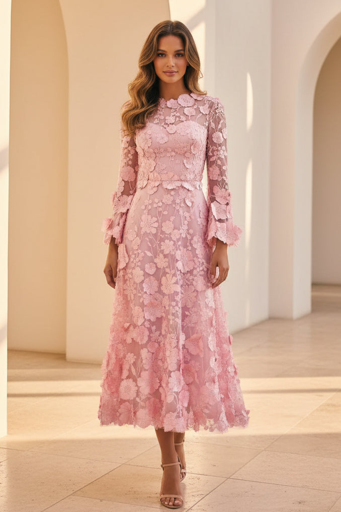 3D-Blumenapplikationen A-Linien-Midikleid mit ausgestellten Ärmeln