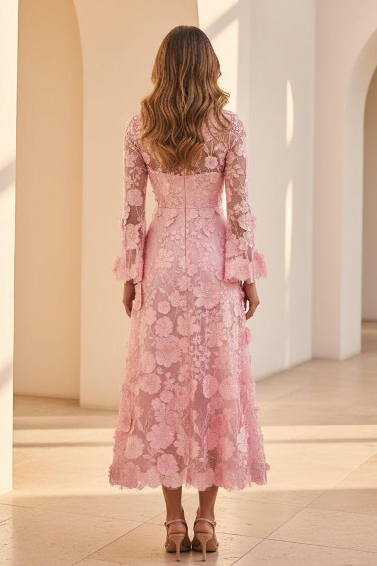 3D-Blumenapplikationen A-Linien-Midikleid mit ausgestellten Ärmeln
