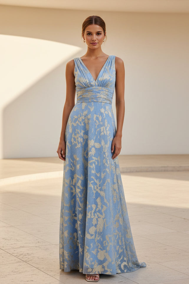 Maxikleid aus metallischem Jacquard mit V-Ausschnitt und A-Linie