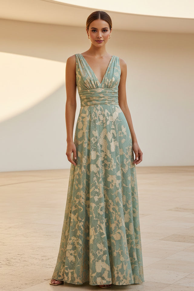 Maxikleid aus metallischem Jacquard mit V-Ausschnitt und A-Linie