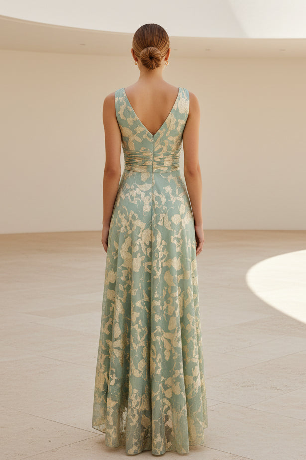 Maxikleid aus metallischem Jacquard mit V-Ausschnitt und A-Linie