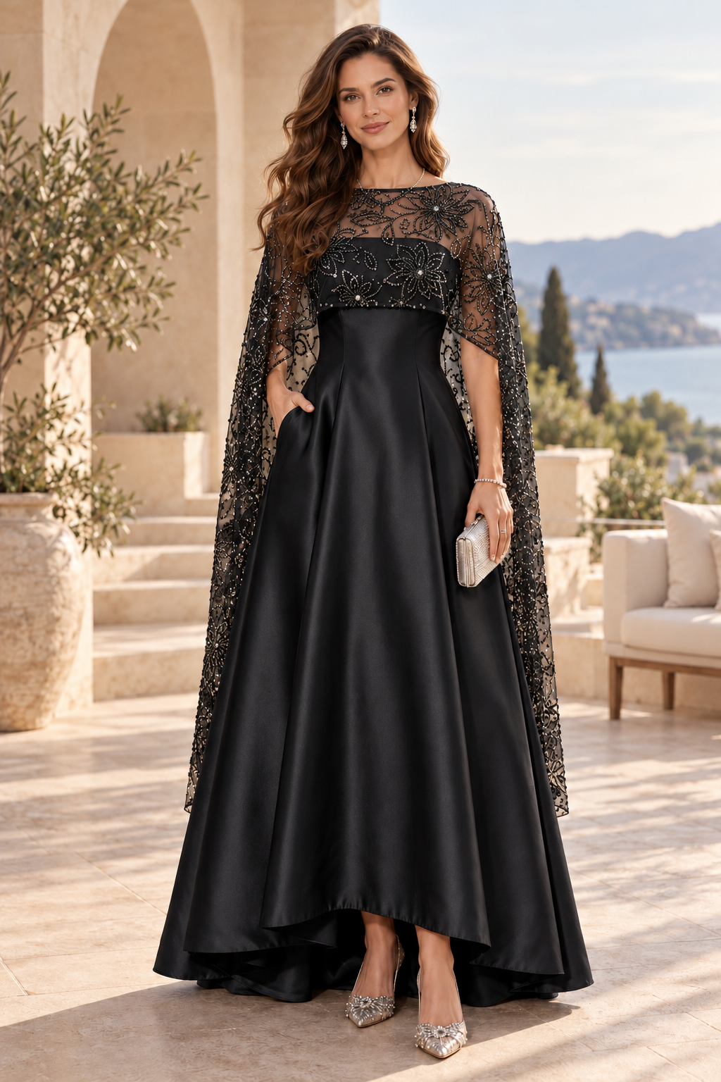 A-Line High-Low Gown with Floral Sequin Cape