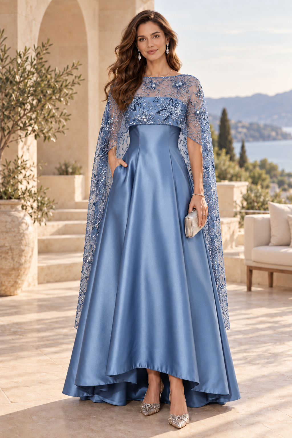 A-Line High-Low Gown with Floral Sequin Cape