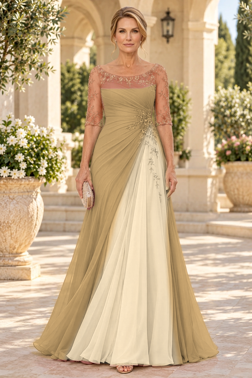 Ruched A-Line Gown with Floral Appliques