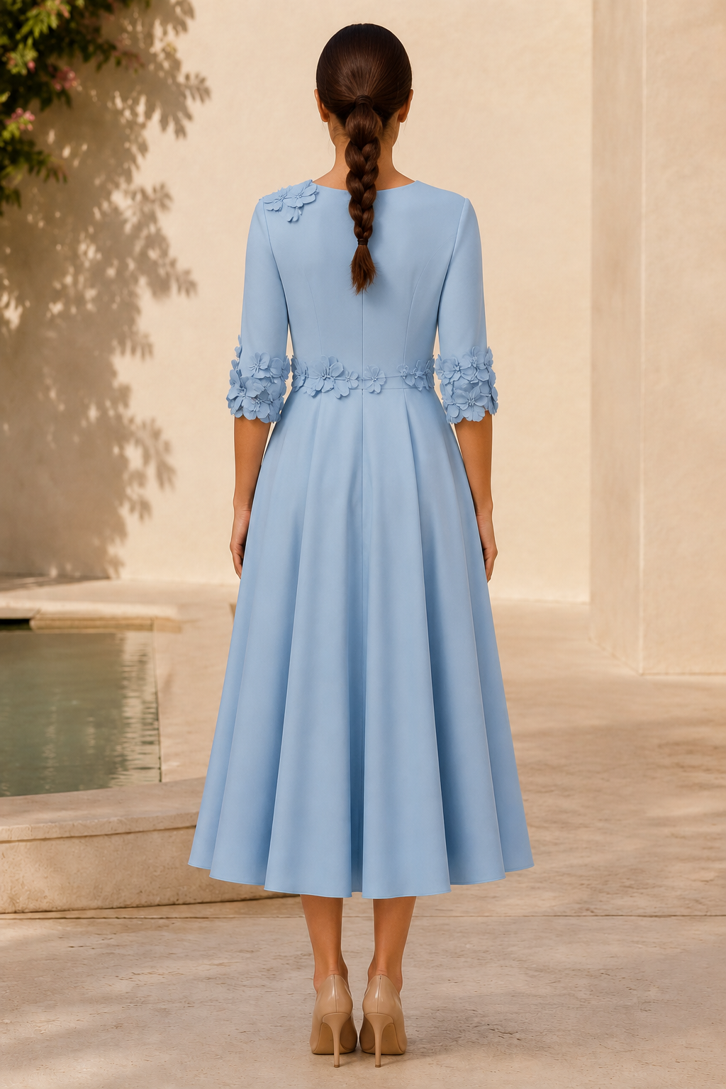 3D-Blumenapplikationen Midikleid mit 3/4-Ärmeln