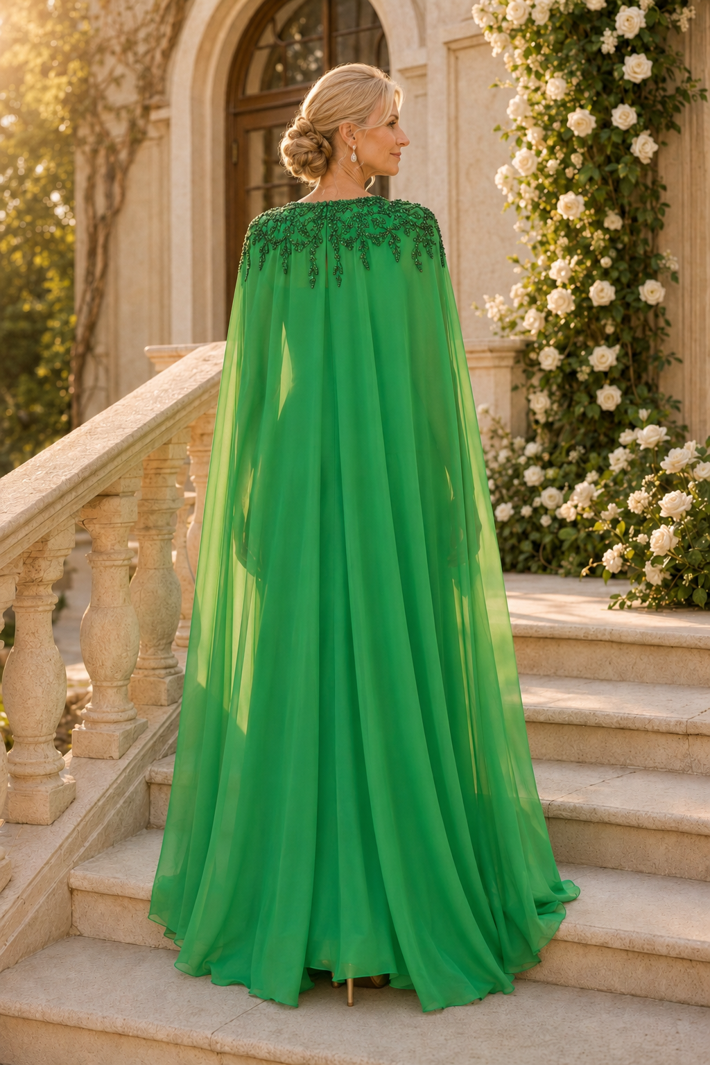 Trägerloses, plissiertes Abendkleid mit perlenbesticktem Cape