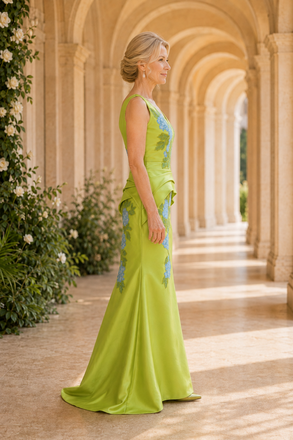 Satin-Abendkleid mit Blumengravur, V-Ausschnitt und Drapierung