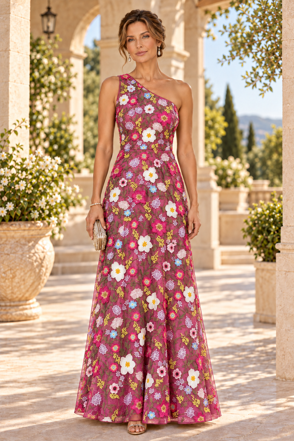 One-Shoulder Floral Embroidered A-Line Gown