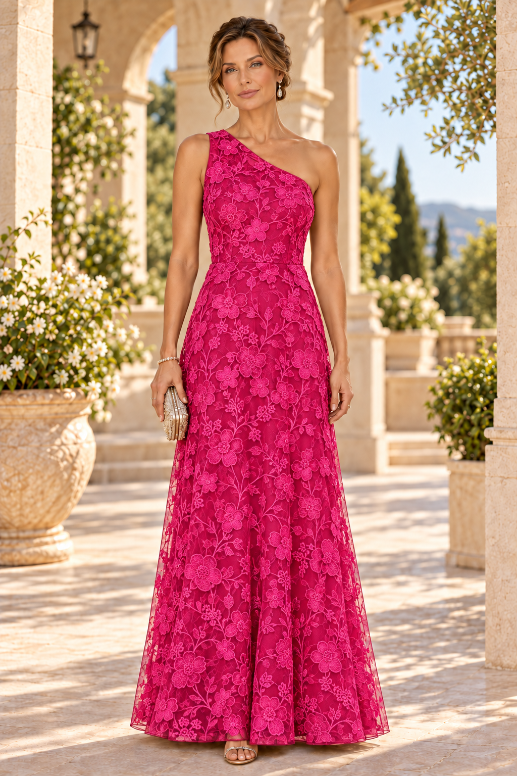 One-Shoulder Floral Embroidered A-Line Gown