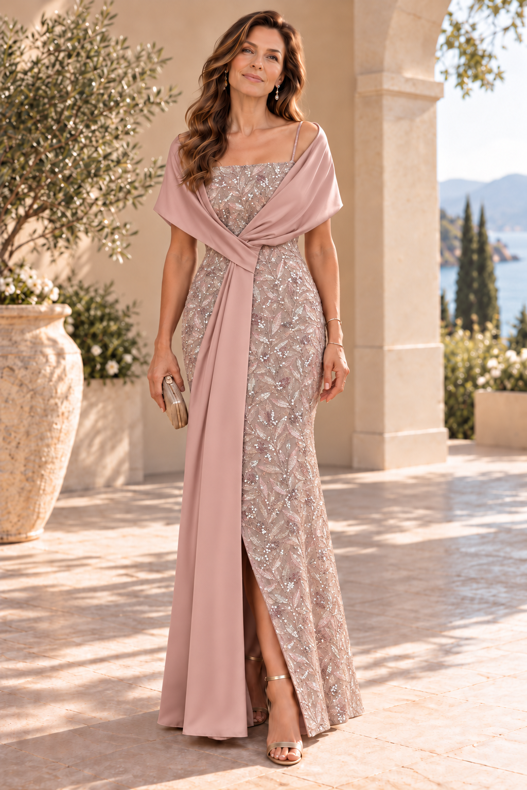 Sequin Floor-Length Gown with Draped Shawl