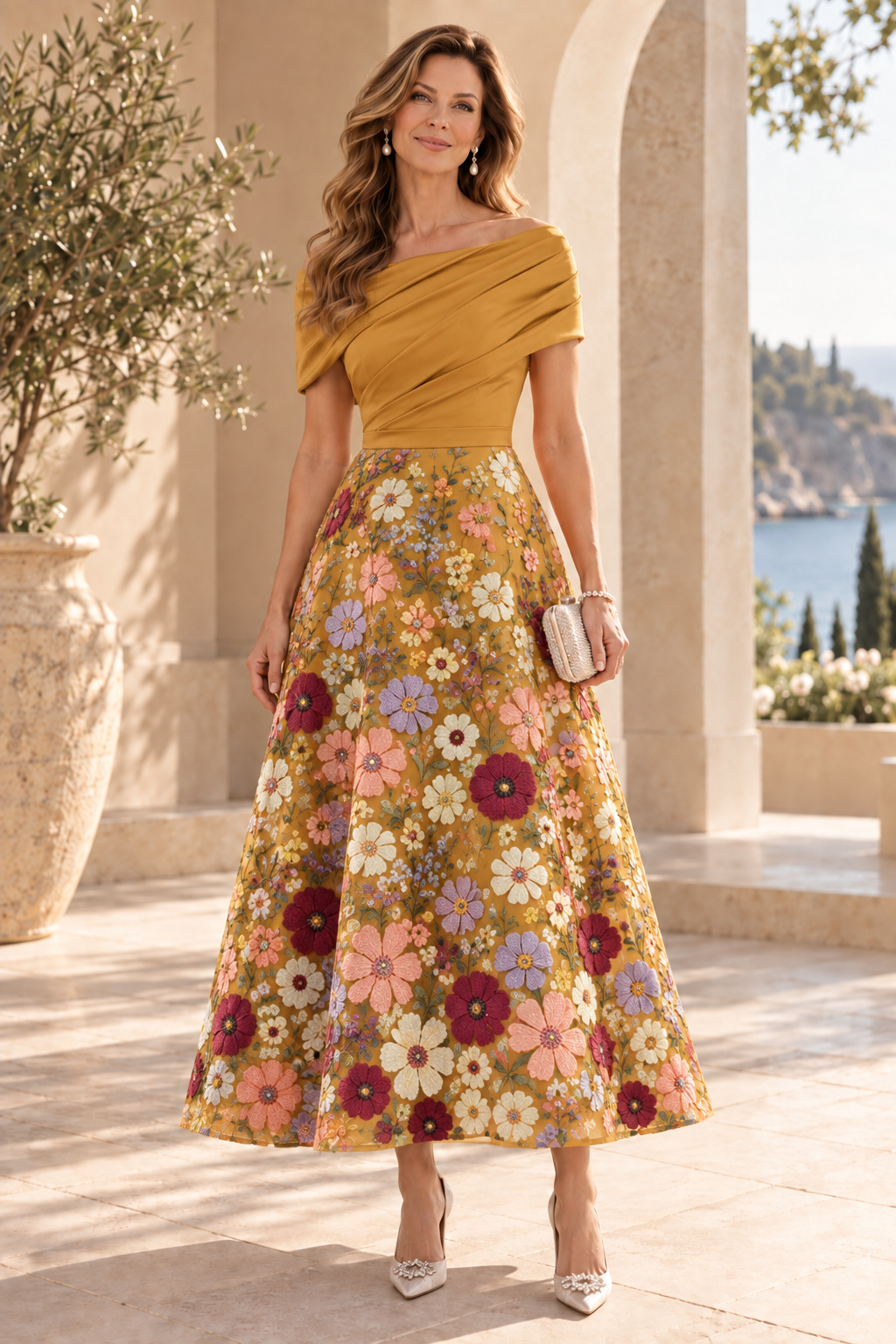 Floral Embroidered Off-the-Shoulder Midi Dress