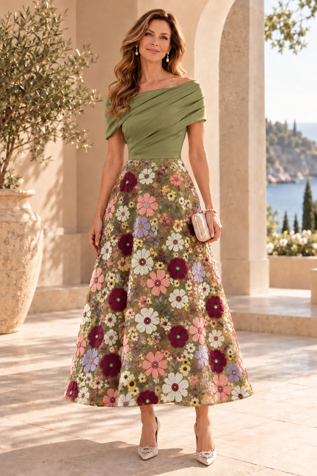 Floral Embroidered Off-the-Shoulder Midi Dress