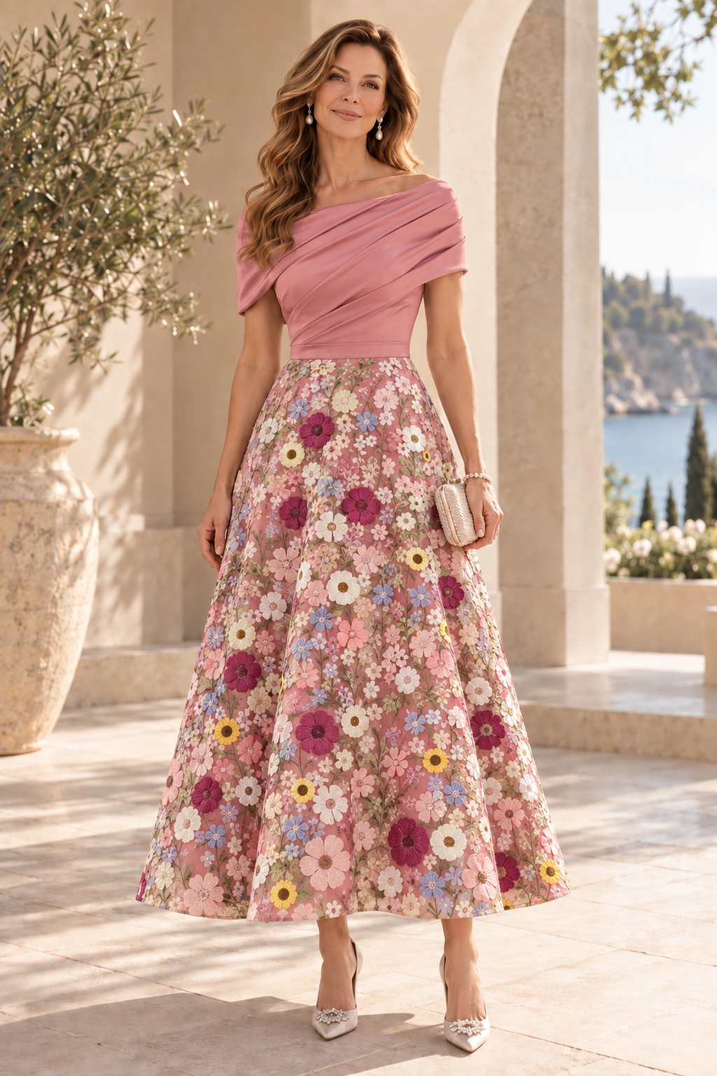 Floral Embroidered Off-the-Shoulder Midi Dress