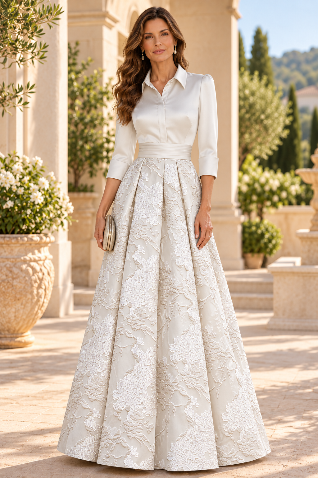 Collared Brocade Skirt Ball Gown