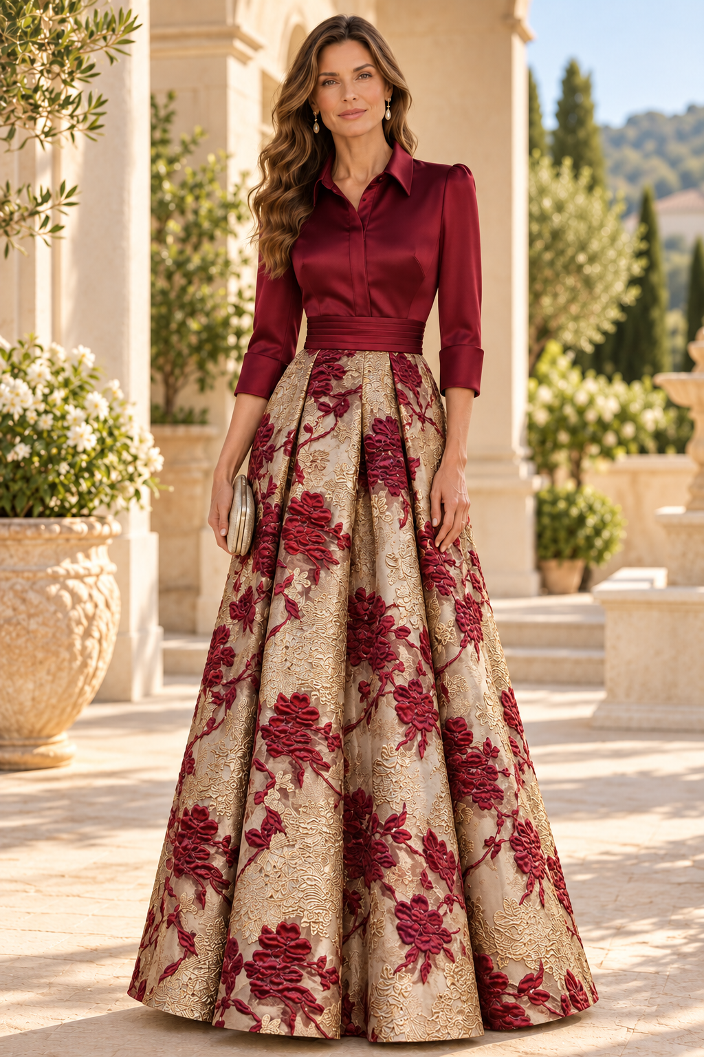 Collared Brocade Skirt Ball Gown