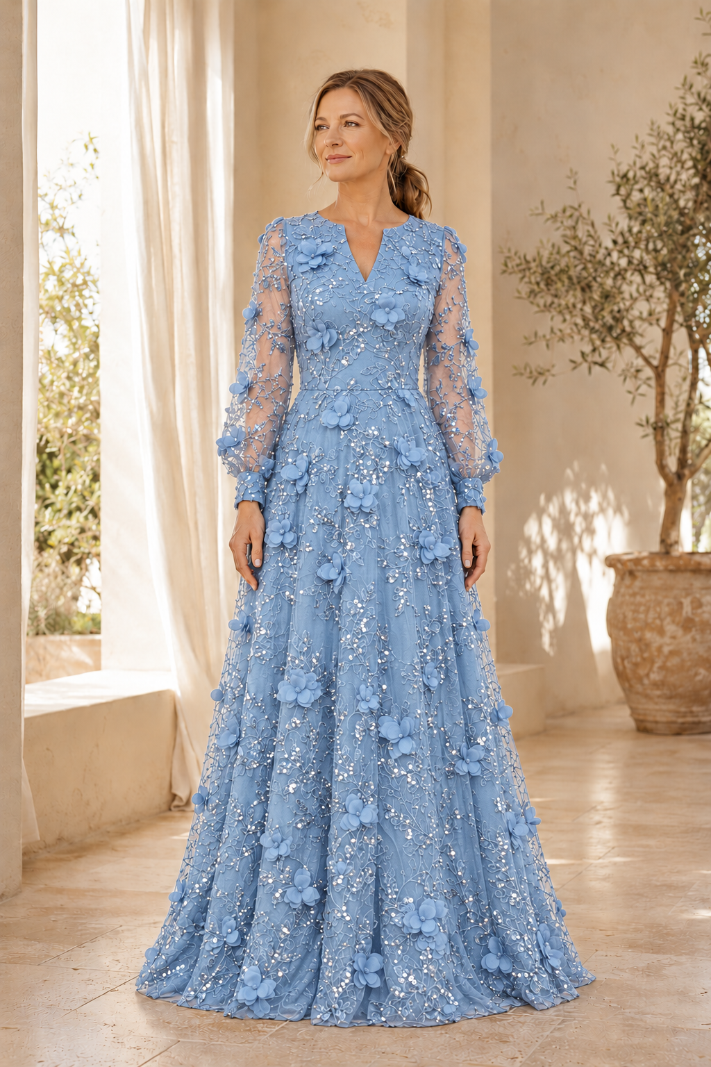 Langärmeliges A-Linien-Kleid aus Spitze mit floralen 3D-Applikationen