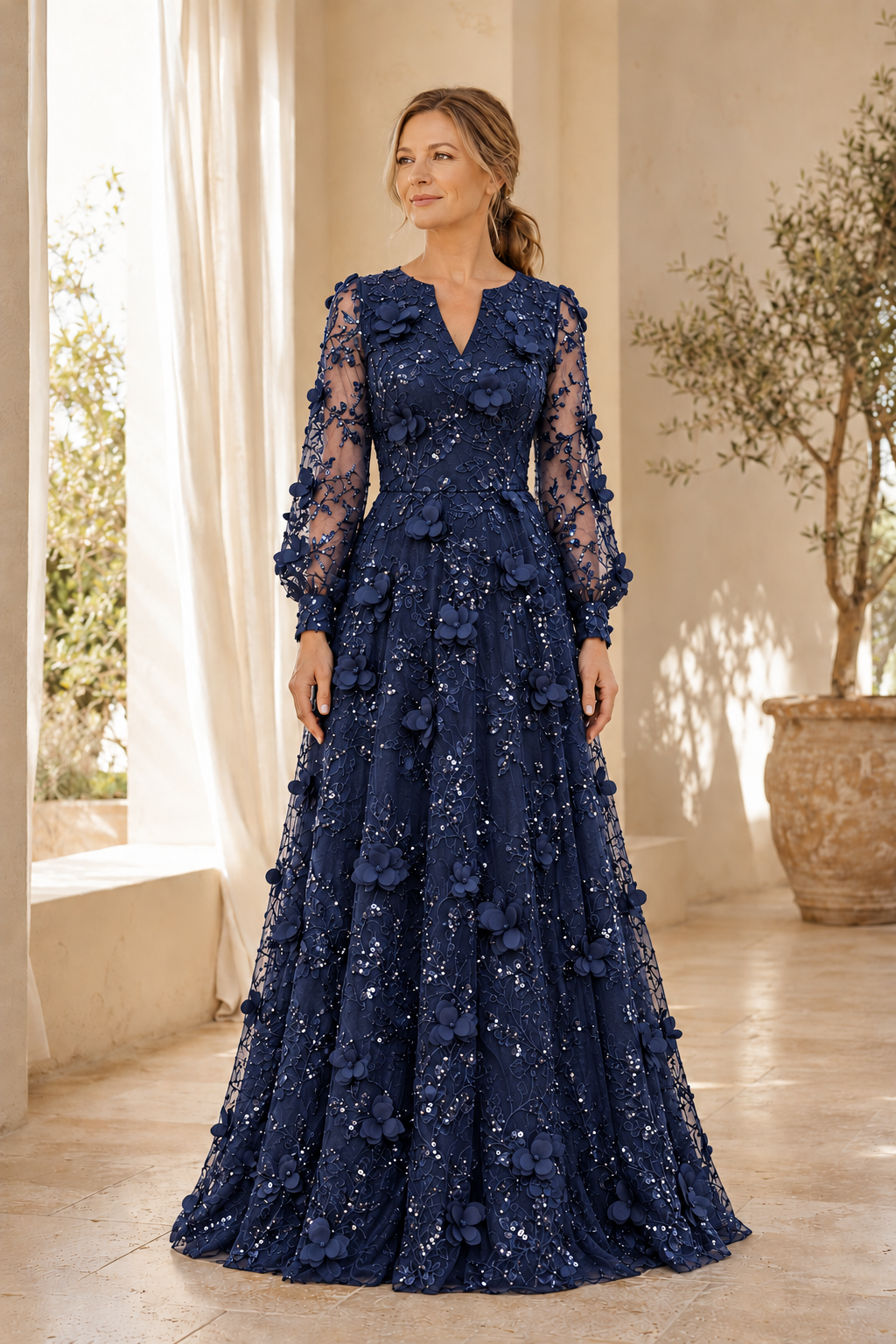 Langärmeliges A-Linien-Kleid aus Spitze mit floralen 3D-Applikationen